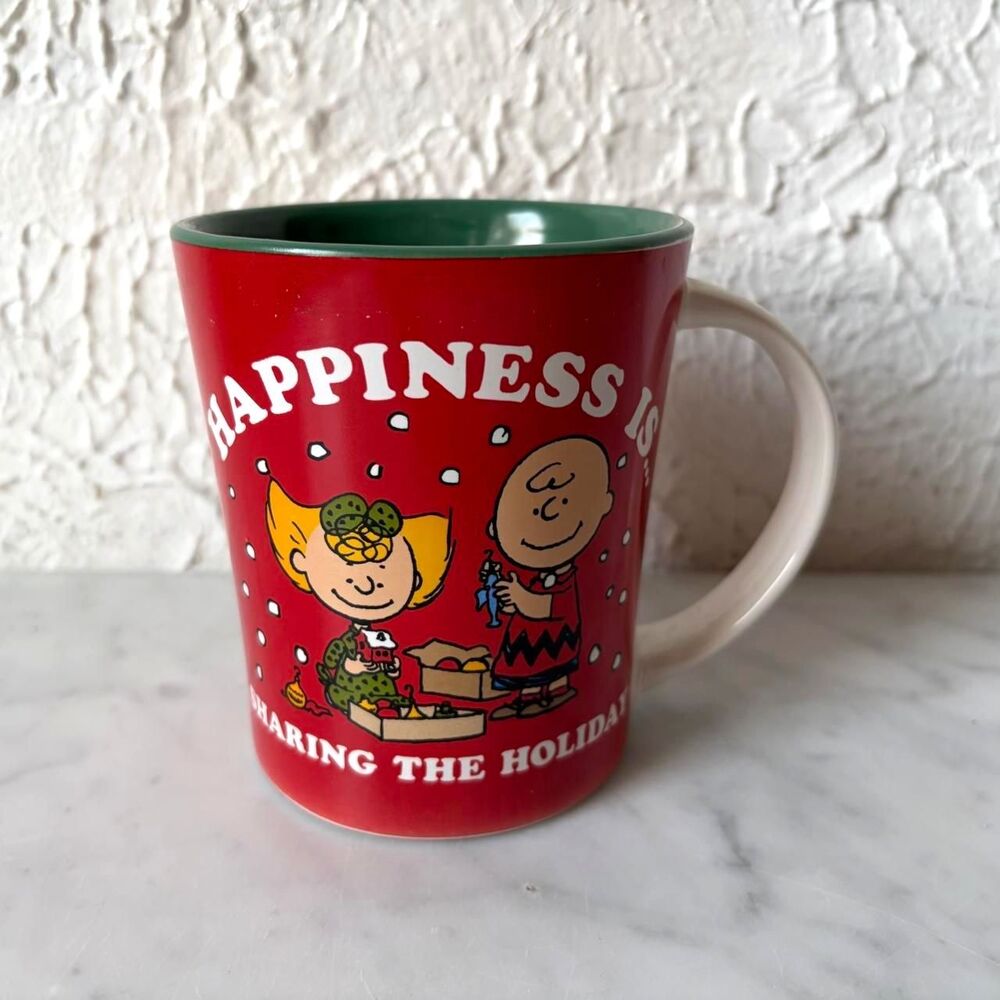Peanuts Mug Charlie Brown Lucy Happiness is Sharing the Holidays Vintage Red